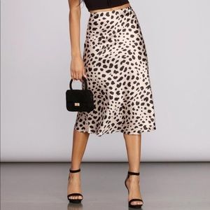 Satin Flare Leopard Midi Skirt